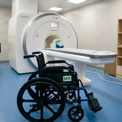 MRI-Safe Non-Magnetic Transport Wheelchair with 3 Tesla Safe Foldable Frame and Lightweight Aluminum